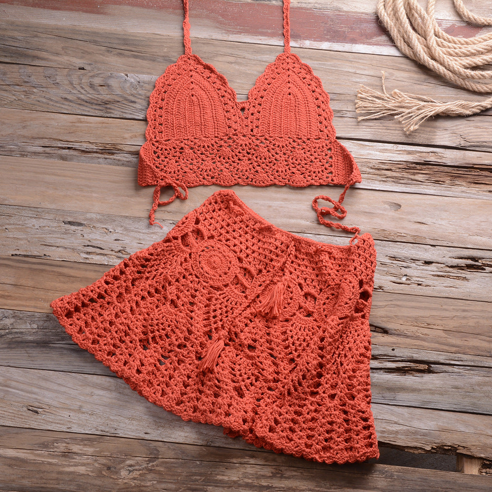 Hand Crocheting Bikini Wrapped Chest with Sexy All-Matching Hollow Out Cutout Pleated Skirt Split Swimsuit Bella Mia